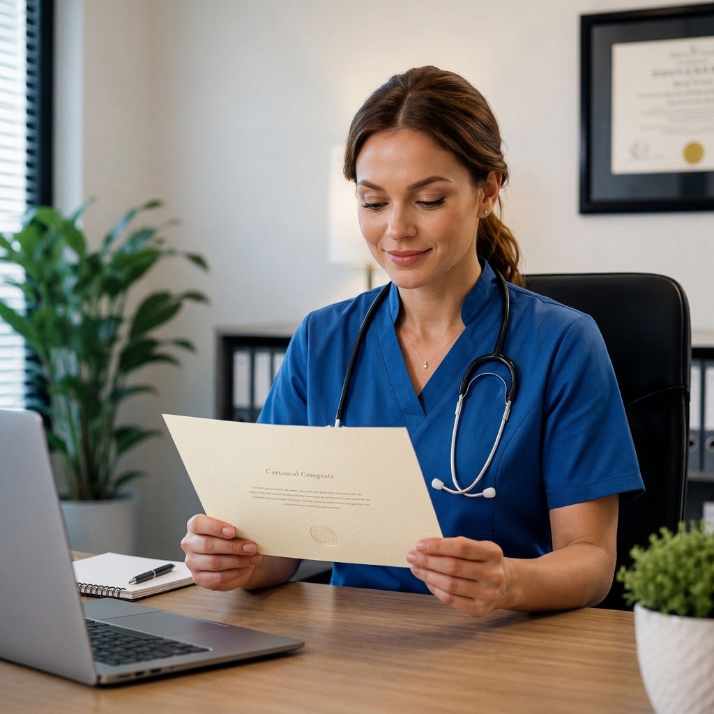 Healthcare professional reviewing a continuing education certificate